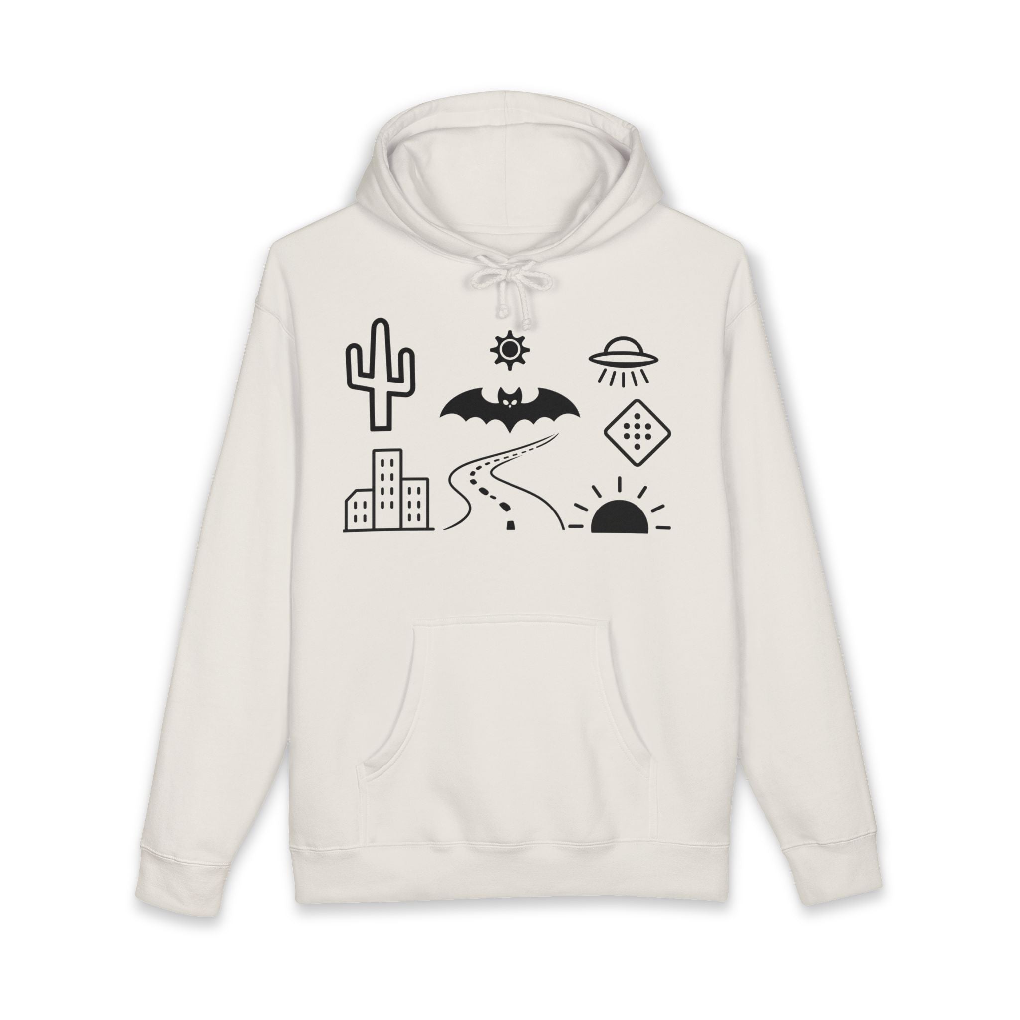 Mystic Desert Icons Hoodie | Bat, Cactus, UFO, Skull Graphic Sweatshirt