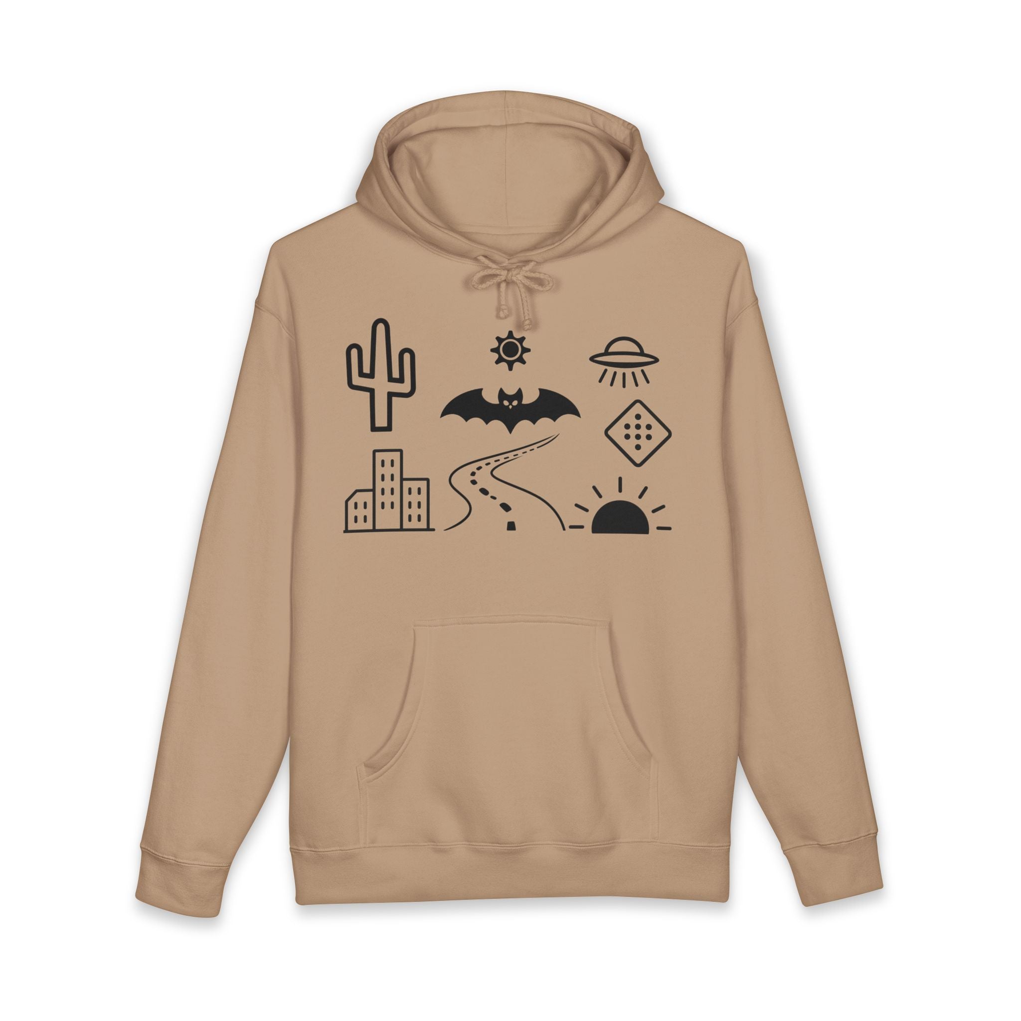 Mystic Desert Icons Hoodie | Bat, Cactus, UFO, Skull Graphic Sweatshirt