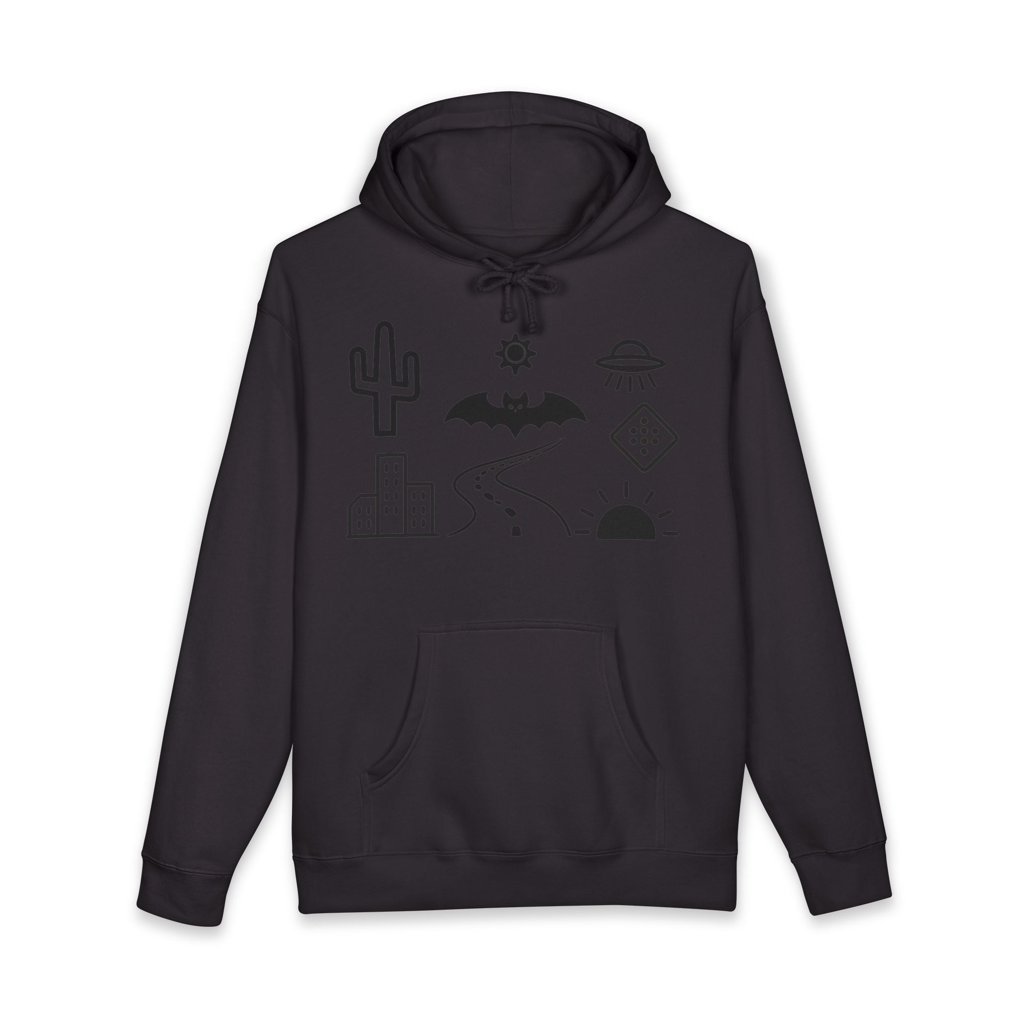 Mystic Desert Icons Hoodie | Bat, Cactus, UFO, Skull Graphic Sweatshirt