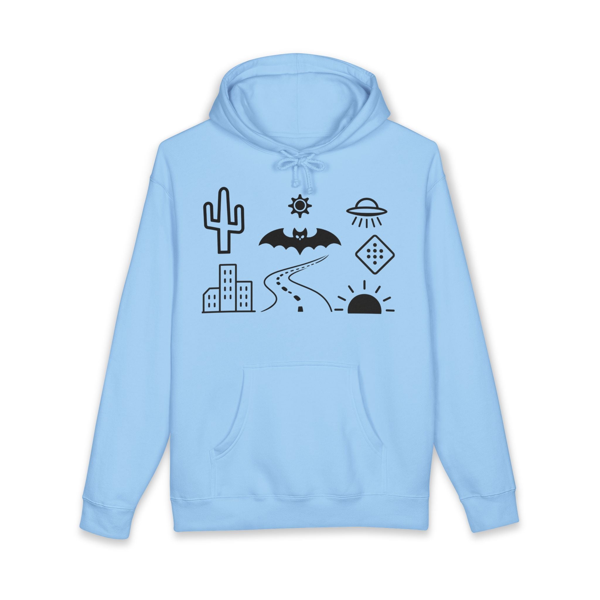 Mystic Desert Icons Hoodie | Bat, Cactus, UFO, Skull Graphic Sweatshirt