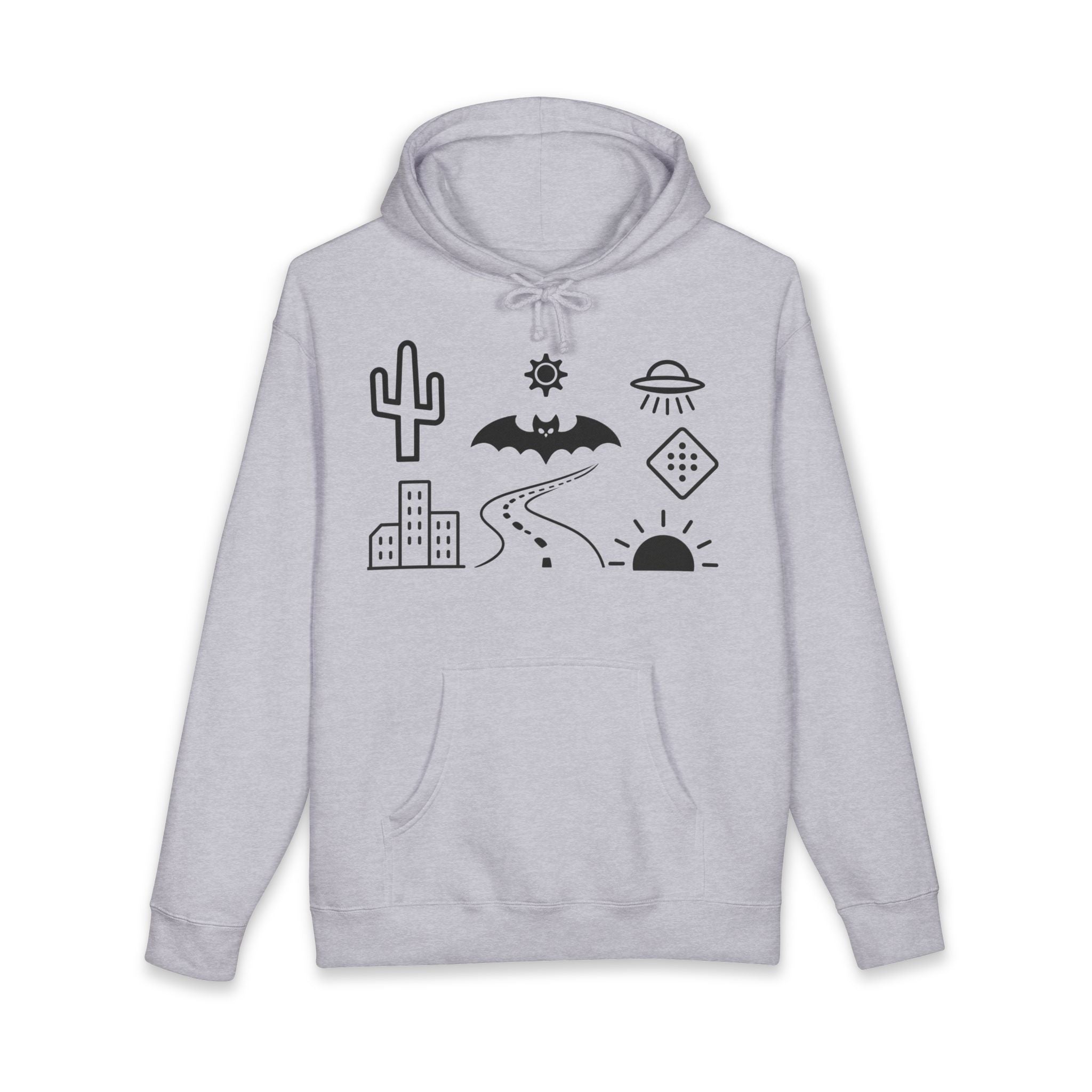 Mystic Desert Icons Hoodie | Bat, Cactus, UFO, Skull Graphic Sweatshirt
