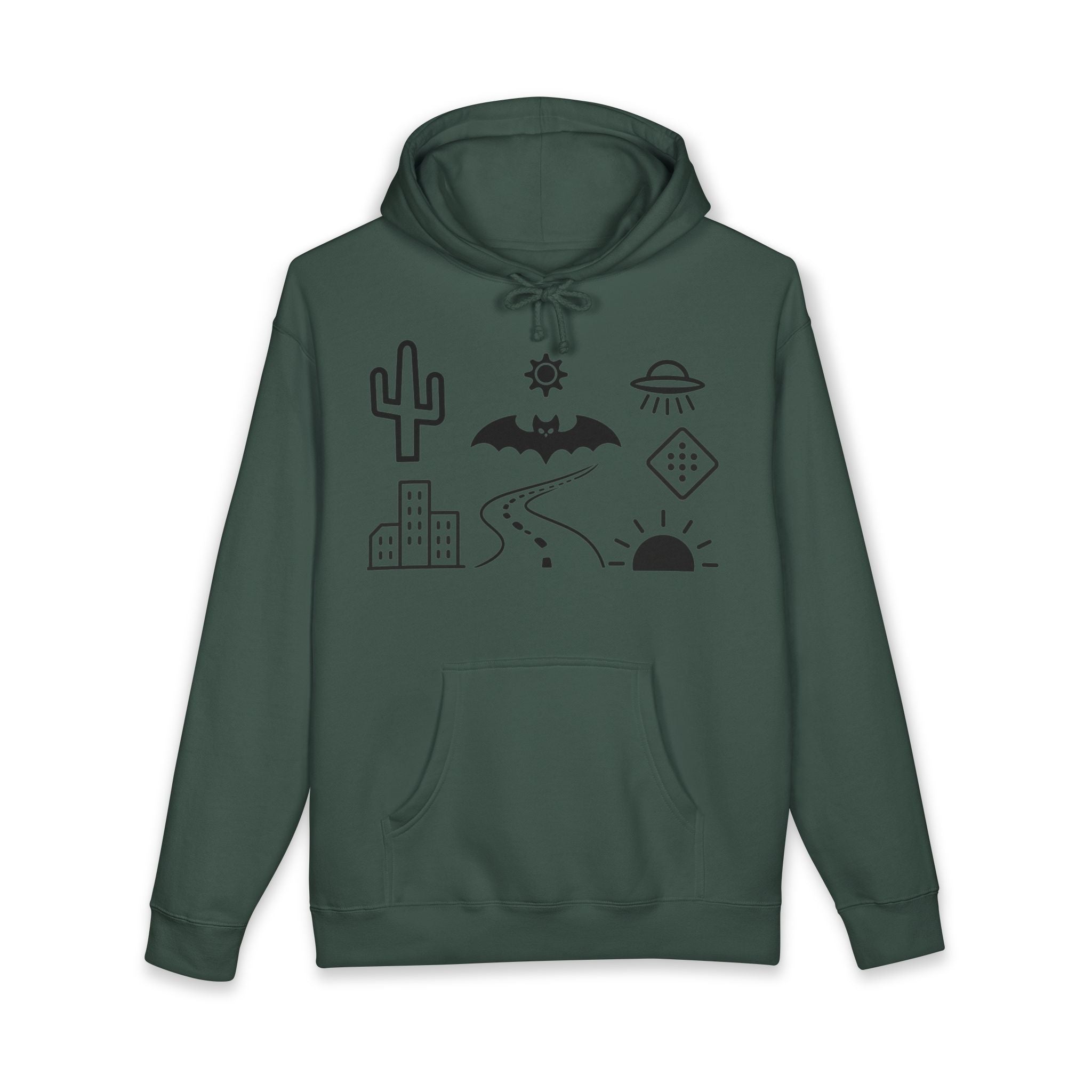 Mystic Desert Icons Hoodie | Bat, Cactus, UFO, Skull Graphic Sweatshirt
