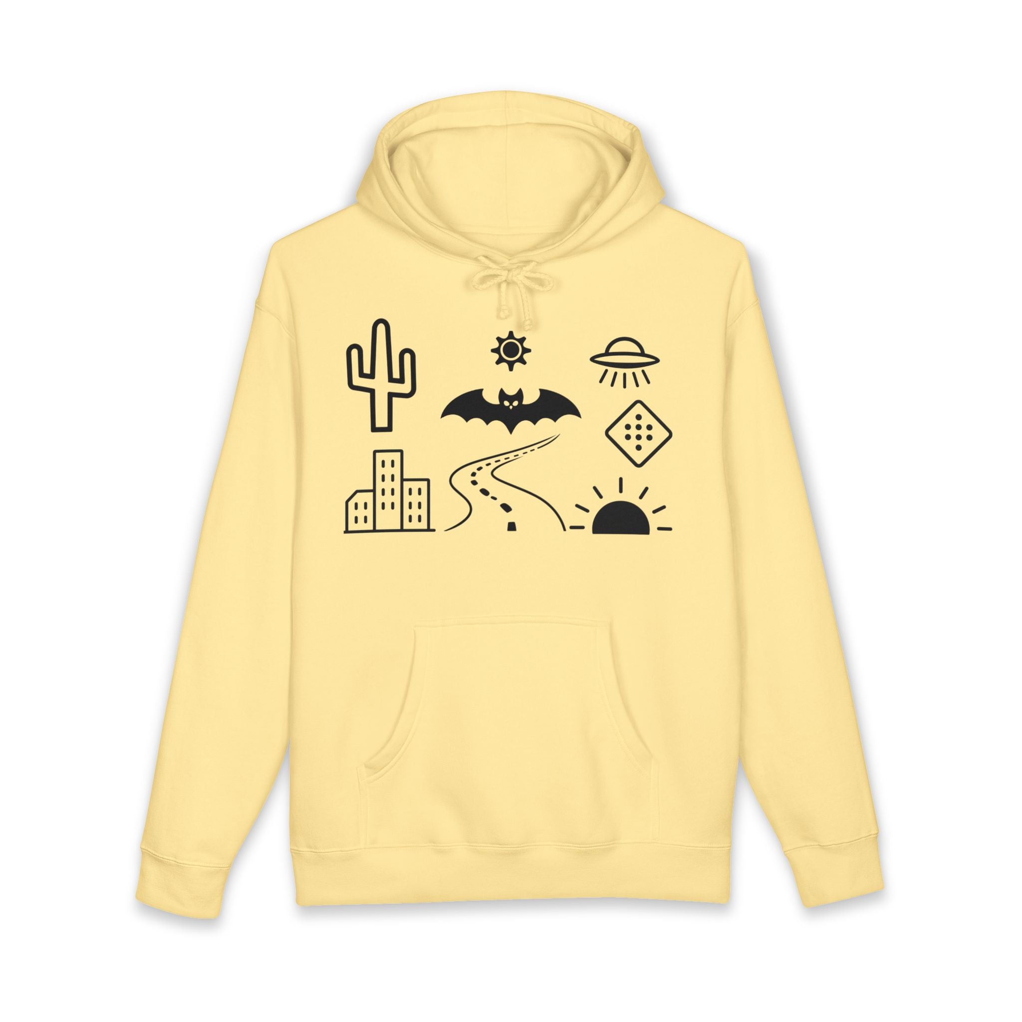 Mystic Desert Icons Hoodie | Bat, Cactus, UFO, Skull Graphic Sweatshirt
